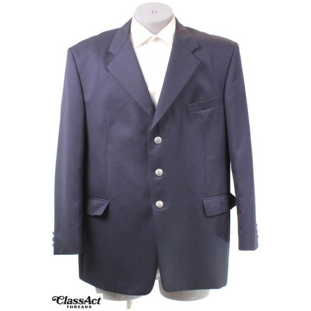 Bob Mackie Suit Jacket Sport Coat Blazer 3 Metal Buttons Solid Blue Wool 46R